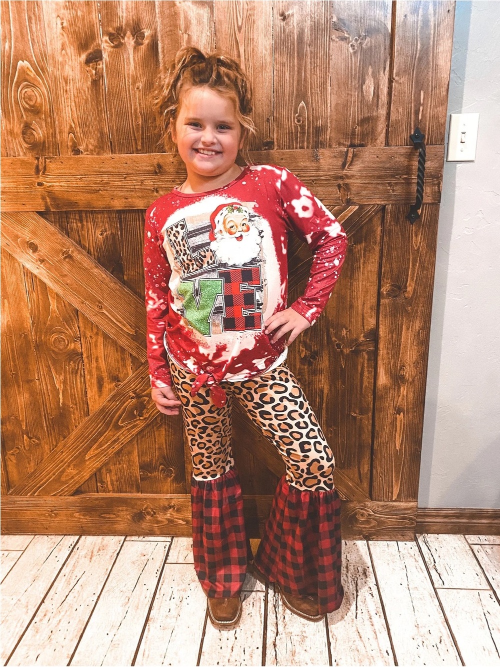 Girls Red Holiday Santa Top & Leopard Print Bell-Bottom Pajama Set